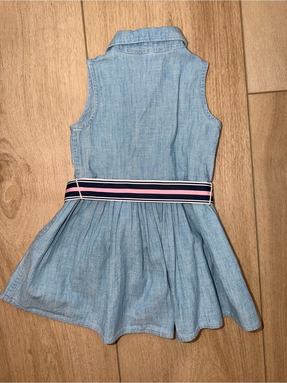 Polo by Ralph Lauren Light Blue Chambray Dress with Navy & Pink Striped Belt - Picture 7 of 8